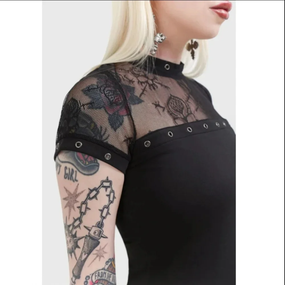 Killstar Black Lace Yoke Eyelet Short Sleeve Top - Picture 3 of 4